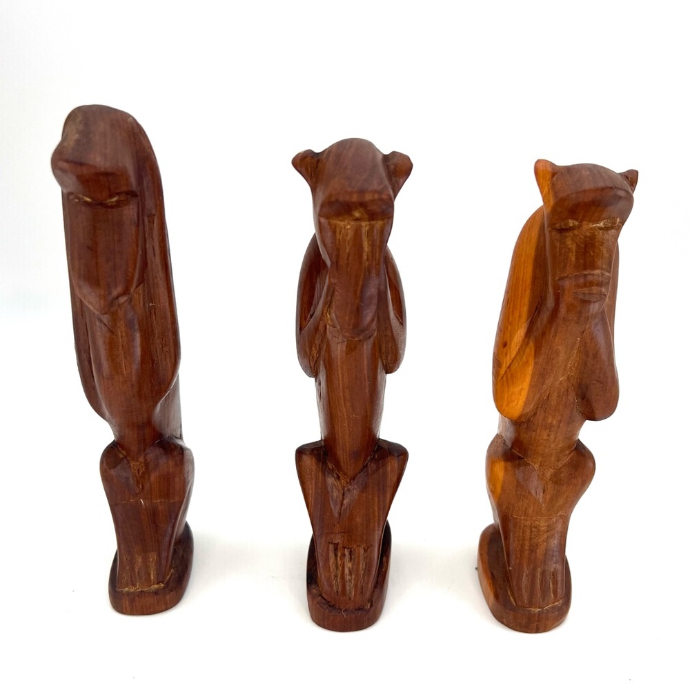 Hand Carved Wooden Set/3 Wise Monkeys Hear See Speak No Evil 6-7” Tall Figurines